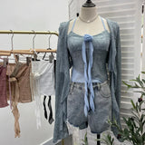 Fongt Shooting Pure Lust Style Set Hanging Neck Lace Hollow Sling Sling Vest + Short Lotus Leaf Side Shirt 88968