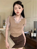 Fake Two Short-Sleeved Knitted Shirt Women 2025 Summer New Stripe Splicing Repair Slim Short