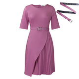 Fongt Women's Pure Color Fashion Temperament Five-Sleeve High-Waisted Folding High-Rise Dress