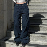 Rivet Design Irregular Loose Straight Jeans Women's Fashionable Solid Color Casual Trousers-Outfit