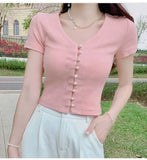 T Shirts Women V-Neck Pearl Buttons Cropped Tshirt Tee Lady Solid Slim Cardigan Crop Top for Female-Outfit