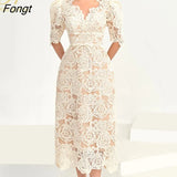 Han Queen Summer Dresses Korean Retro High Waist Vestidos Elegant Fashion Slim Midi Hollow Out Office Party Casual Lace