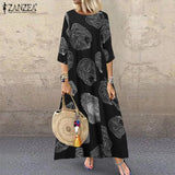 Autumn 3/4 Sleeve Polka Dot Printed Long Dress Vintage Women's Cotton Linen Dresses Female Kaftan Vestido Femme