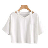 Fongt Wind Open Shoulder Hollow Out Sexy Solid Color T-Shirt V Collar Women's Short-Sleeved Loose Female