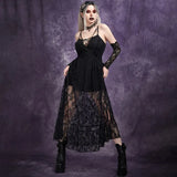 Dark Lace Transprent High Split A-line Dresses Gothic Spaghetti Strap Women Midi Dress Grunge Aesthetic Summer