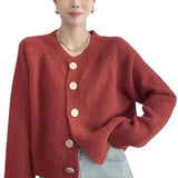 New Spring And Autumn Style Pure Color Sweet Wind Knitted Cardigan Women's Coat Round Collar With Large Buttons And High-Grade Sensitive Woolen Clothes-Outfit