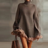 Fongt 2025 New Knitted High-Necked Lotus Edge Spliced Long-Sleeved Gray Sweater