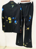 QUALITY 2023 Newest Designer Runway Suit Set Women's Single Button Floral Printed Blazer Flare Pants Suit