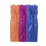 Fongt New Three-Colored Fascling V-Neck Wrinkles Dress