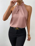 Fongt Women's Clothing 2025 Summer New Color Clove Hanging Neck Sleeveless Vest Ribbon Simulation Silk Top