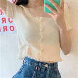 Fongt Retro Girl Soft Lace Collar Knitted Jersey High-Waisted Short-Sleeved T-Shirt