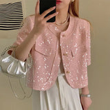High Quality Korean Tweed Paillette Short Sleeve Jacket Coat Women Korean Fashion Sequin Short Outerwear