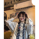 Tie Striped Shirts Women Harajuku Brooch Oversized Long Sleeve Blouses Streetwear Korean Preppy Print Loose Casual Tops-Outfit