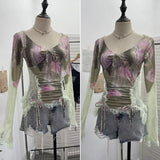 Fongt Lace Splicing Long-Sleeved T-Shirt Women's Bow Strap Hollow Irregular Blouse 6179