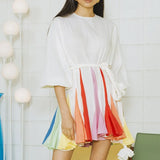 TWOTWINSTYLE 2022 Summer A Line Women's Dress O Neck Long Sleeve High Waist Sashes Slim Rose Color Mini Dresses Female