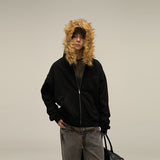 Fongt Selling Vintage Fur Collar Couple Hooded Zip Open-Air Jacket Oversize Design Niche Coat