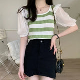 Fongt Bump Striped Short-Sleeved Knitted Shirt Women's Thin Summer Design Sense Of Small Unique Special Loose