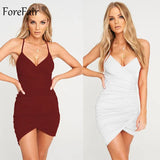 Sexy Short Mini Dress Women Summer Cross Tied Spaghetti Strap Ruched Backless White Red Black Night Club Bodycon