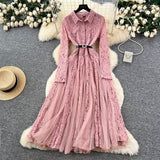 Fongt Retro Elegant Dress Women Winter High Hook Lace Splicing Mesh Yarn Irregular Knee Dress