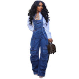 Fongt Women's Loose-Fitting Denim Slings Women's Spring Street Fashion Multi-Pocket Jumpsuits