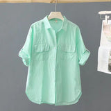 Fongt Short-Sleeved Solid-Colored Shirt Women 2025 Summer New Outer Shirt Design Sense Double Pocket Loose Thin Top Woman