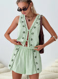Fashion Embroidery V-Neck Cotton Shorts Set 2025 New