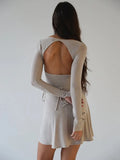 Low Cut High Side Split Mini Dress Women Sexy Long Sleeve Square Neck Backless Drawstring Female Ruched Dress