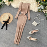 Fongt Women's Autumn And Winter 2025 New Korean Version Of Simple Solid Color Long Sleeves Tight Waist Thin Knit Long Dress