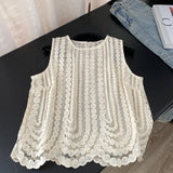 Fongt Wearing A Female Summer Sweet Heavy Industry Hollow Embroidered Round Sleeveless Shirt Femininity