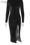 2023 Autumn Winter Women Solid Velvet Diamond Fishnet Patchwork Long Sleeve Side Slit Midi Dress Bodycon Party