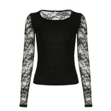 Fongt Mesh Splicing Long-Sleeved T-Shirt Hottie Slime Sexy Perspective Inside The Bottom Top Woman