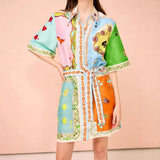 Fongt Spring-Summer Women's High-End Print Holiday Collared Short-Sleeved Dress Woman