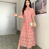 Fongt Retro High-End Squealing Hook Lace Dress Women's Summer Waist Thin Temperament A-Word Fairy Dress