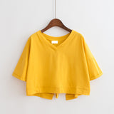 Fongt Summer Pure Color Back Splicing Fork V-Neck Loose Short Jacket Female Student Strap Short Sleeve T-Shirt Women's