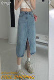 Waist Skirts Women Retros Denim Sexy Split Solid Summer Mid-calf Faldas All-match A-line Fashion Preppy Korean Style