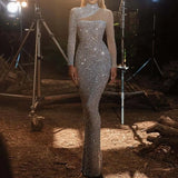 Fongt 2025 New Empty Shoulder Dress Round-Neck S-Shaped Sequin
