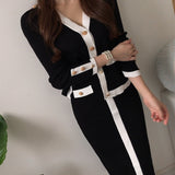 2021 Autumn Winter Korean Color Black Knitted Suit Women's V-Necked Cardigan Sweater + High Waist Midi Skirt Two Piece