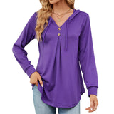 New V-Collar Solid Color Button Drawrope Long Sleeve Loose T Shirt Hoodie-Outfit