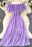 Women Casual Dress Double Layer Ruffled Off Shoulder Slash Neck Chiffon Dresses Woman Summer Midi Dress Vestidos