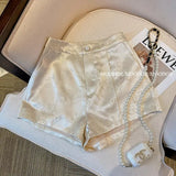 Summer Mercerized Satin Shorts White Trim A Version Of National Style Jacquard Wide-Legged Pants-Outfit