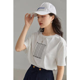 Round Neck Short Sleeve T-shirts Loose Midweight Straight Office Lady Letter Printing Solid Spring Cotton