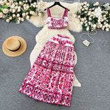 Fongt And White Porcelain Printing Set Of Women In Summer Pure Desire To Bare Belt Slings Small Vest + High Waist Mid-Dress Skirt