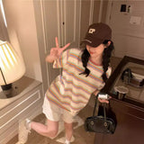 Fongt Striped Round Collar Short-Sleeved T-Shirt New 2024 Women's Summer Korean Version Loose Show Slim Student Top
