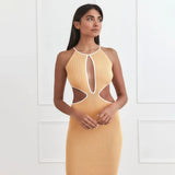 Ribbed O Neck Sexy Cut Out Sleeveless Midi Dress Knit Backless Elegant Bodycon Dresses 2021 Fall Party Club White Trim UK