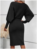 Fongt Women's Knitted Sweater Skirt Temperament Round Neck Long Sleeve Sexy Solid Color To Show Thin Ass Skirt