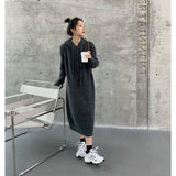 Hooded Knitted Dress Women Solid Oversized Midi Dresses Winter Korean Elegant Thicken Loose Casual All Match Vestidos-Outfit