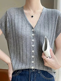 Fongt Spring And Summer New V-Neck Button Outside The Cardigan Lady Elegant Ocean Simple Thin Knit Short Sleeve