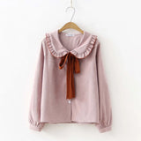 New Solid Ruched Button Up Blouse Ribbon Lace Up Long Sleeve Peter pan Collar Shirt Sweet Girls Loose Plus Size Top