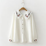 New Floral Embroidered Button Up Chiffon Blouse Long Sleeve Peter pan Collar Shirt Sweet Girls Loose Plus Size Top
