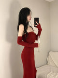Knitted Y2k Dress Women's Sleeveless Halter Split Sexy Solid Stretch Slim Fit Backless Retro Party Elegant-Outfit
